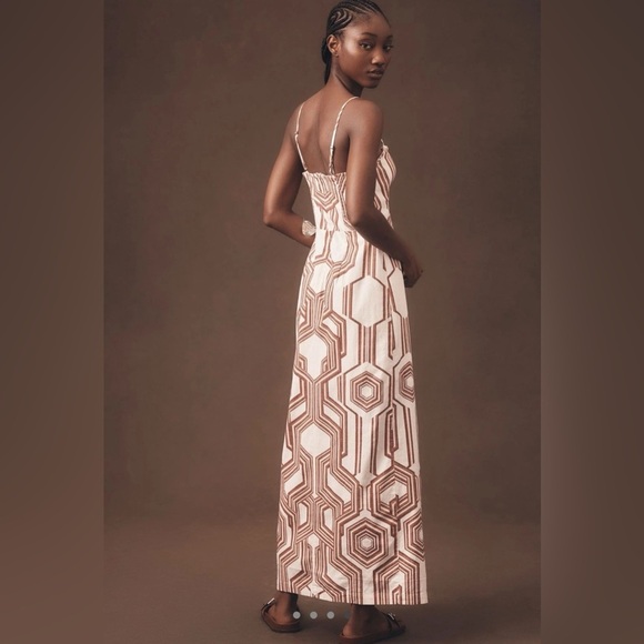 By Anthropologie Strapless Linen Plunge-neck MIDI Dress Size 14 NWT BROWN motif - Picture 4 of 17